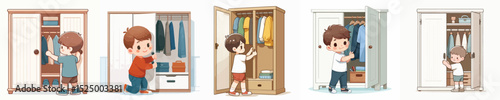 vector character boy opening wardrobe door