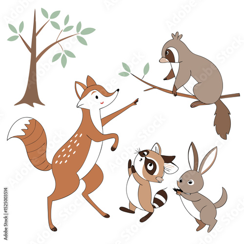 Cute woodland animals playing together illustration