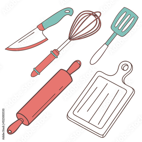 Kitchen utensils illustration knife whisk spatula rolling pin cutting board