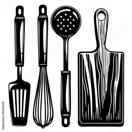 Black and white kitchen utensil set illustration