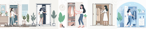 vector character woman opening wardrobe door