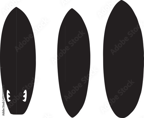 Surfboard Shapes: Illustration of Shortboard, Fish Surfboard, and Longboard Silhouettes - Black and White Vector Graphics for Surfing Design