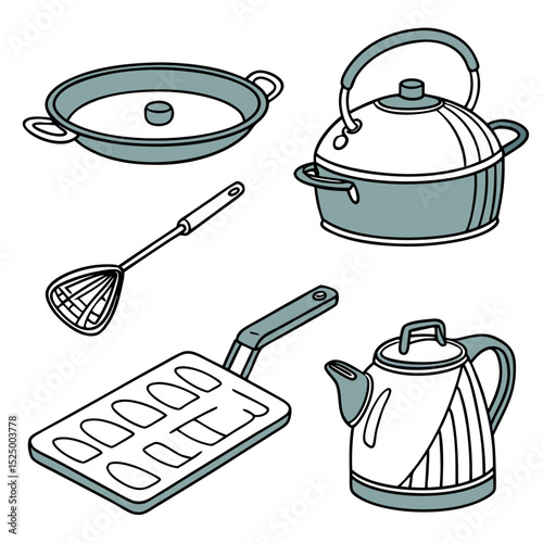 Kitchen utensil and cookware illustration set
