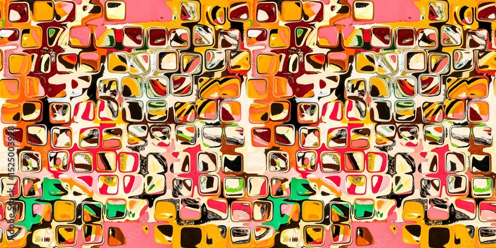 Naklejka premium Abstract blotched random mosaic shape square seamless border pattern. Dense grungy mottled effect fabric texture design with tileable banner print. For speckled impressionism style ribbon trim edge.