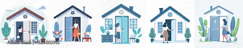 vector character woman opening the door of the house