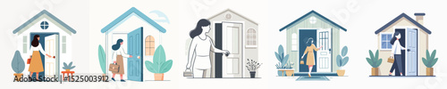 vector character woman opening the door of the house