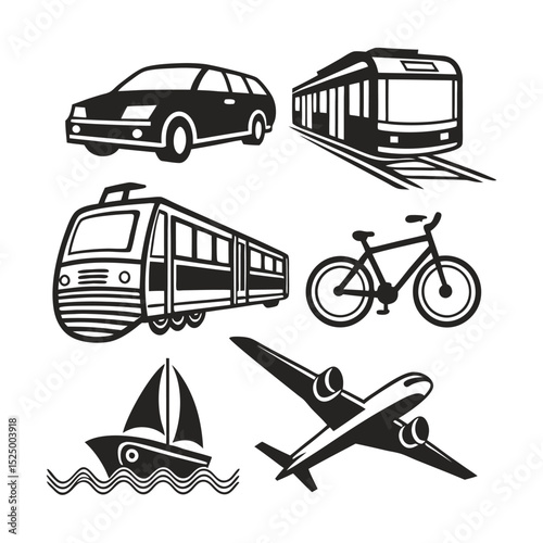 Transportation Icons Car, Train, Bicycle, Airplane, Boat - Vector Graphics