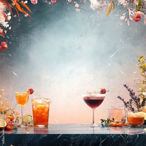 A vibrant array of cocktails garnished with fresh fruit and herbs, set against a dreamy floral backdrop