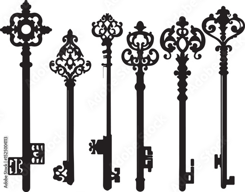 Antique Skeleton Keys Vector Illustration: Ornate Vintage Key Collection in Black Silhouette, Decorative Old Lock Keys Clipart for Design Projects