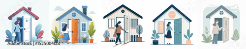 vector character woman opening the door of the house
