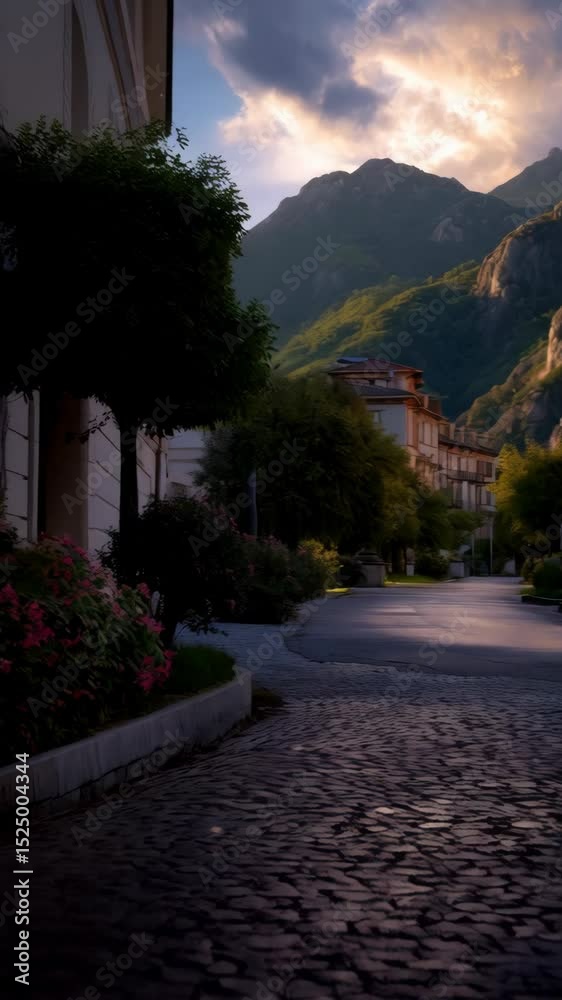 Scenic street lined with trees and buildings leading towards majestic mountains under a cloudy sky Scenic street lined with trees and buildings leading towards majestic mountains under a cloudy sky