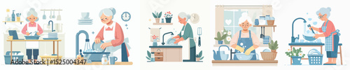 vector character grandma washing dishes