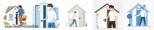 vector character opening house door