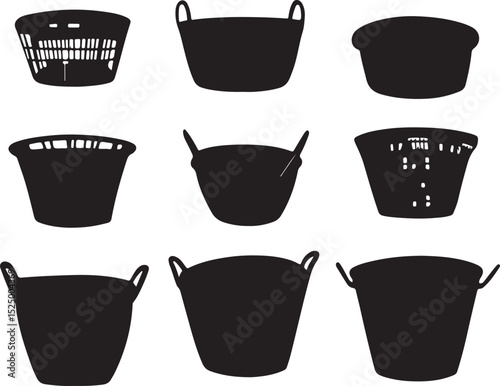 Silhouette Collection of Laundry Baskets: Vector Illustration of Various Shapes and Styles for Home Organization and Laundry Room Decor
