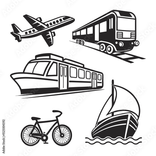 Transportation Icons Airplane, Train, Boat, Bicycle, and More