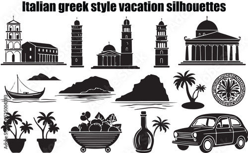 A collection of Greek island themed silhouettes, including architecture, landscapes, and cultural elements. The distinctive style is a simple, dark silhouette against a white background.
