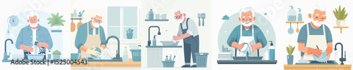 Grandpa character vector washing dishes