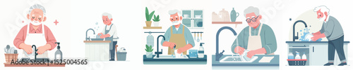 Grandpa character vector washing dishes