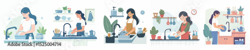 vector character woman washing dishes