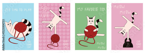 Set cute art posters for kids room wall. Vector illustrations of funny cat with ball of thread perrfect for birthday greeting card, background or postcard cover print. EPS 10