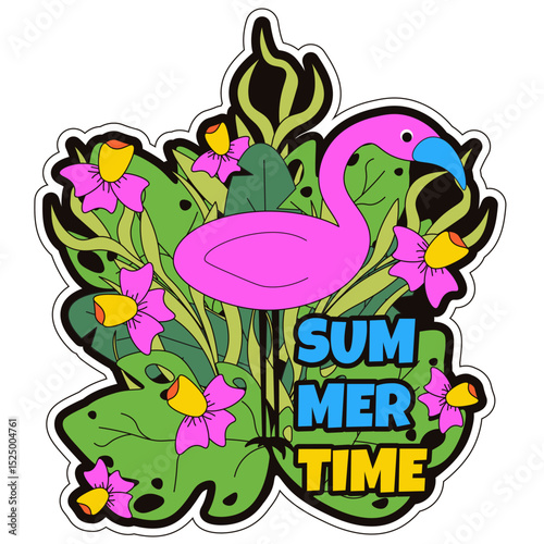 Summer sticker. Vector illustration of Summer art with flamingo and palm leaves isolated transparent background. Ideal scrapbook sticky sticker t-shirt print Summer background template design. EPS 10