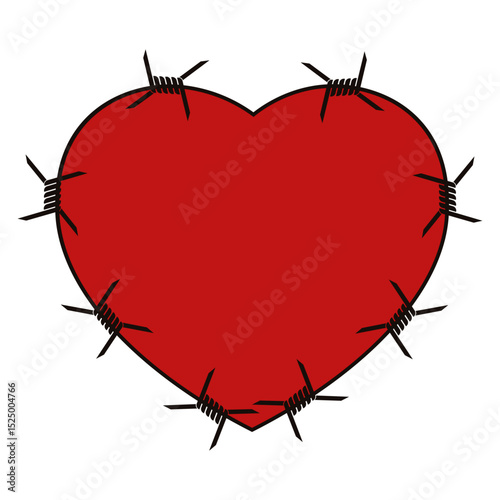 Red vector heart with razor wire. Brutal love symbol isolated transparent background. Gotchic art perfect for tattoo design. EPS 10