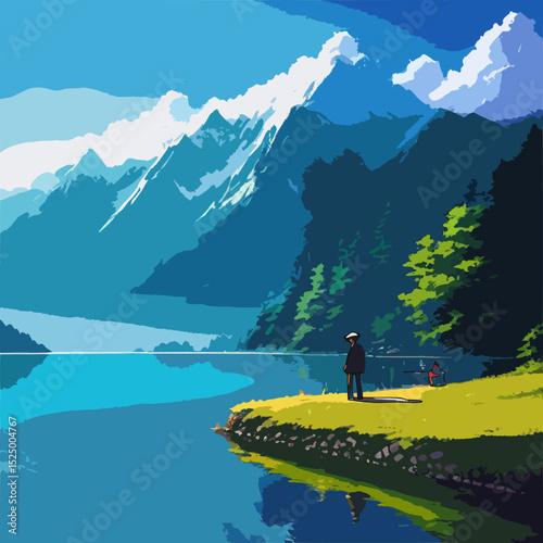 Fishing man at lake Mountain View under blue sky and clouds vector illustration