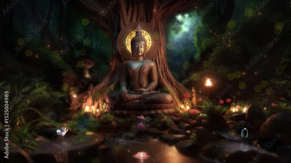 Buddha statue under tree at night, fairytale atmosphere, glowing mandala, butterflies, nature forest, candles, lights, flowers, lotus, immersion sleep, enlightenment Buddha statue under tree at night, fairytale atmosphere, glowing mandala, butterflies, nature forest, candles, lights, flowers, lotus, immersion sleep, enlightenment