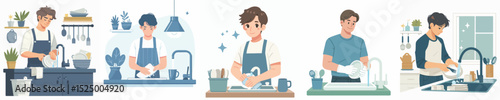 young man character vector washing dishes