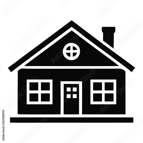 Simple black and white vector illustration of a house with windows and a chimney on a white background