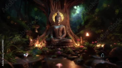 Buddha statue under tree at night, fairytale atmosphere, glowing mandala, butterflies, nature forest, candles, lights, flowers, lotus, immersion sleep, enlightenment
