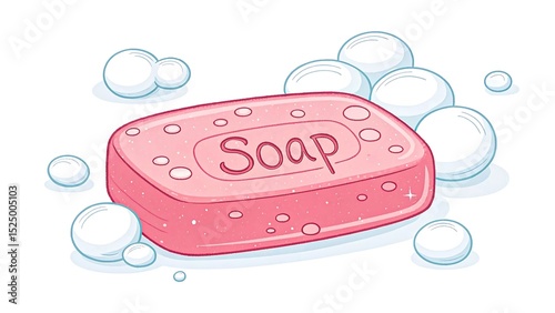 Cartoon illustration of pink bar of soap with bubbles and foam on white background
