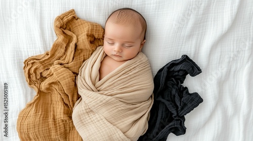 Sleeping newborn baby wrapped in soft muslin fabric