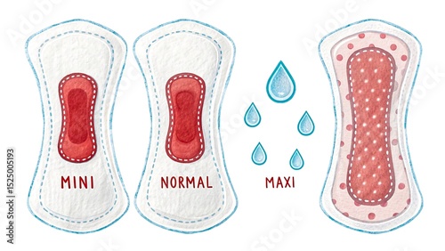 Illustration of menstrual pads showing mini, normal, and maxi absorbency levels with fluid drop icons
