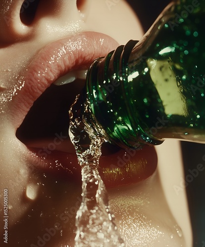 Close-up of a woman's mouth drinking from a green beer bottle, pouring the liquid into her mouth