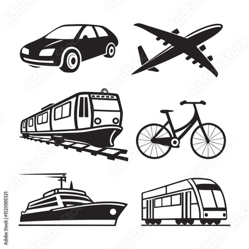 Transportation Icons Car, Airplane, Train, Bicycle, Ship, Tram - Vector Graphics