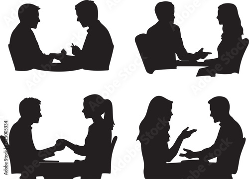 Silhouetted People in Conversation: Business Meeting, Job Interview, or Discussion Vector Illustration of Two People Talking at a Table