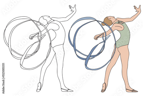 Rhythmic gymnast performs a dance with a ribbon. Healthy lifestyle and sport concept. Black and white and color. Bright illustration in doodle style on white background