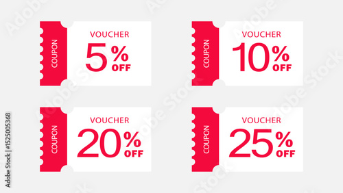 5%, 10%, 20%, 25% off sale voucher coupon. Discount promotion voucher coupon illustration. Tag label, sale banner with discount coupon. Red Vector gift voucher.