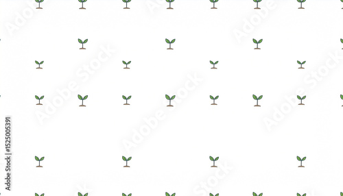 Regularly spaced, small, two-leafed seedlings sprout from the ground against a white background, forming a repeating pattern