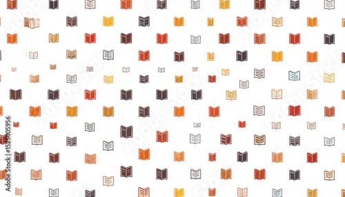 A dense, repeating pattern of small, multicolored open book icons on a white background, varying in shade and size
