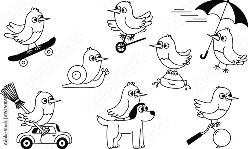 Funny cartoon birds having fun black and white illustration