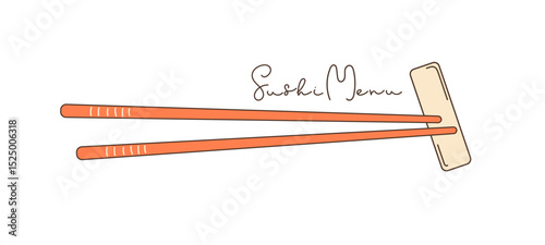 Sushi sticks on ceramic stand. Asian kitchen accessories. Sushi Menu. Bamboo Traditional Chinese, Japanese chopsticks. Flat vector illustration isolated on white for poster, logo for cafe, shop, menu.