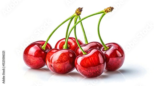 Cluster of ripe red cherries with stems isolated on white background
