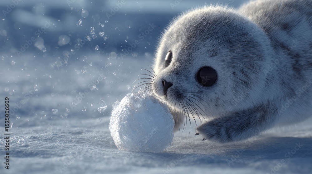 Obraz premium Baby seal playing with snowball