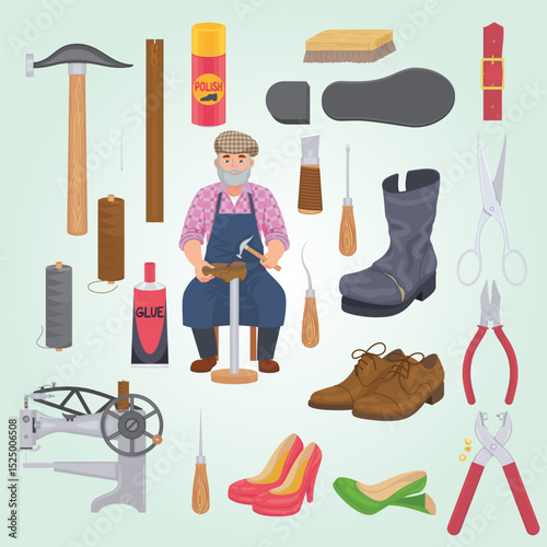 Shoes repairing service flat set with isolated icons of boots cobbler with tools and sewing machine vector illustration