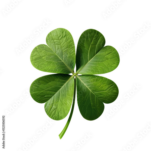 A vibrant, green four-leaf clover isolated on a white background