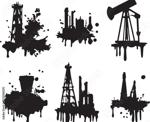 Oil Industry Pollution Vector Art: Black Silhouette Illustrations of Oil Rigs, Refineries, and Pumpjacks with Dripping Paint Effect