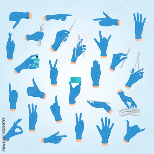 Human hands gestures flat set of isolated flourishes with hands wearing blue gloves holding surgical tools vector illustration