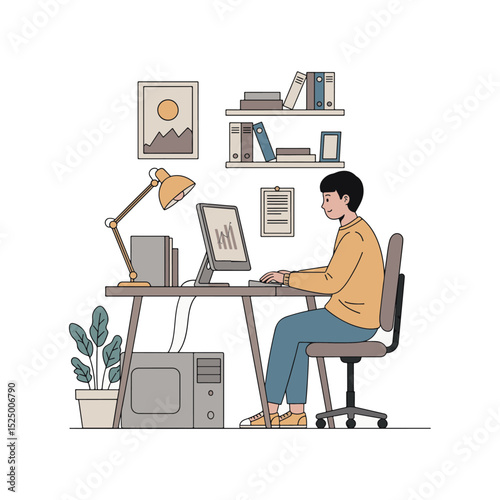 Cartoon Man Working on Computer at Desk in Home Office